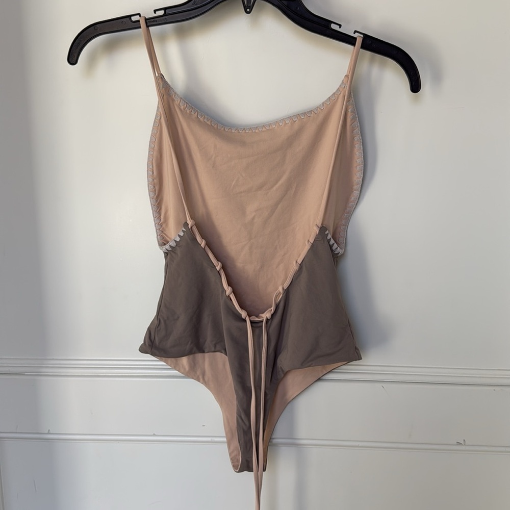 Bond-Eye Sunday Session Taupe Embroidery Lace Up Reversible Thong One Piece Swim - Picture 7 of 16